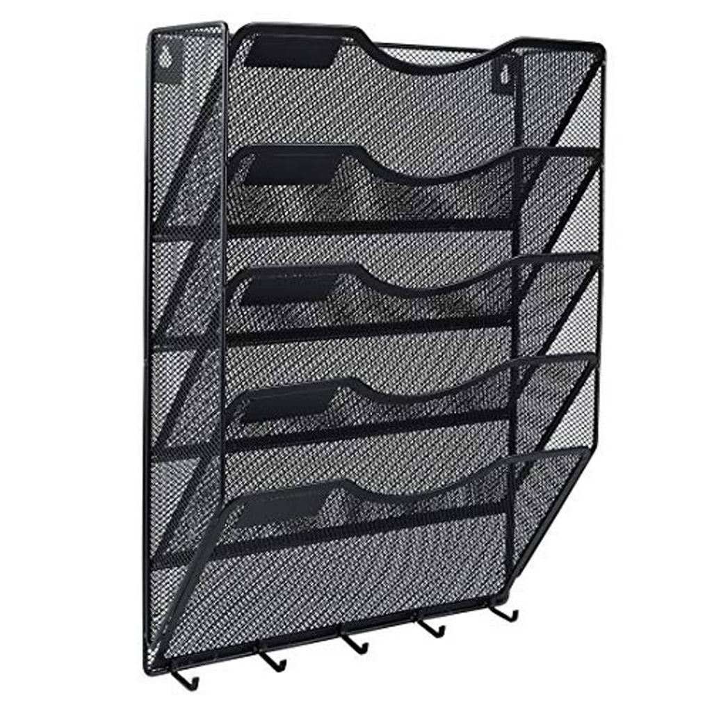 Black mesh 5-pocket wall organizer with curved document slots and key hooks