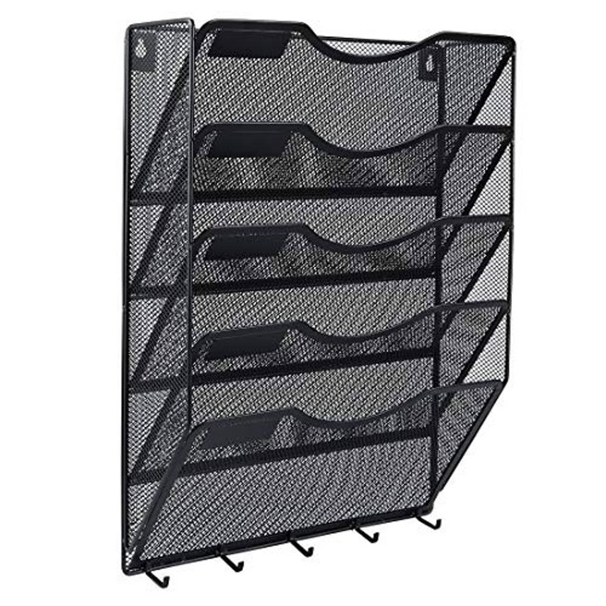 Black mesh 5-pocket wall organizer with curved document slots and key hooks