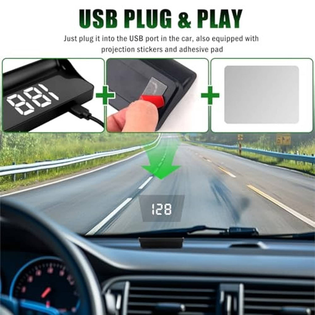 Car HUD display unit with USB plug-and-play installation and projected digit view