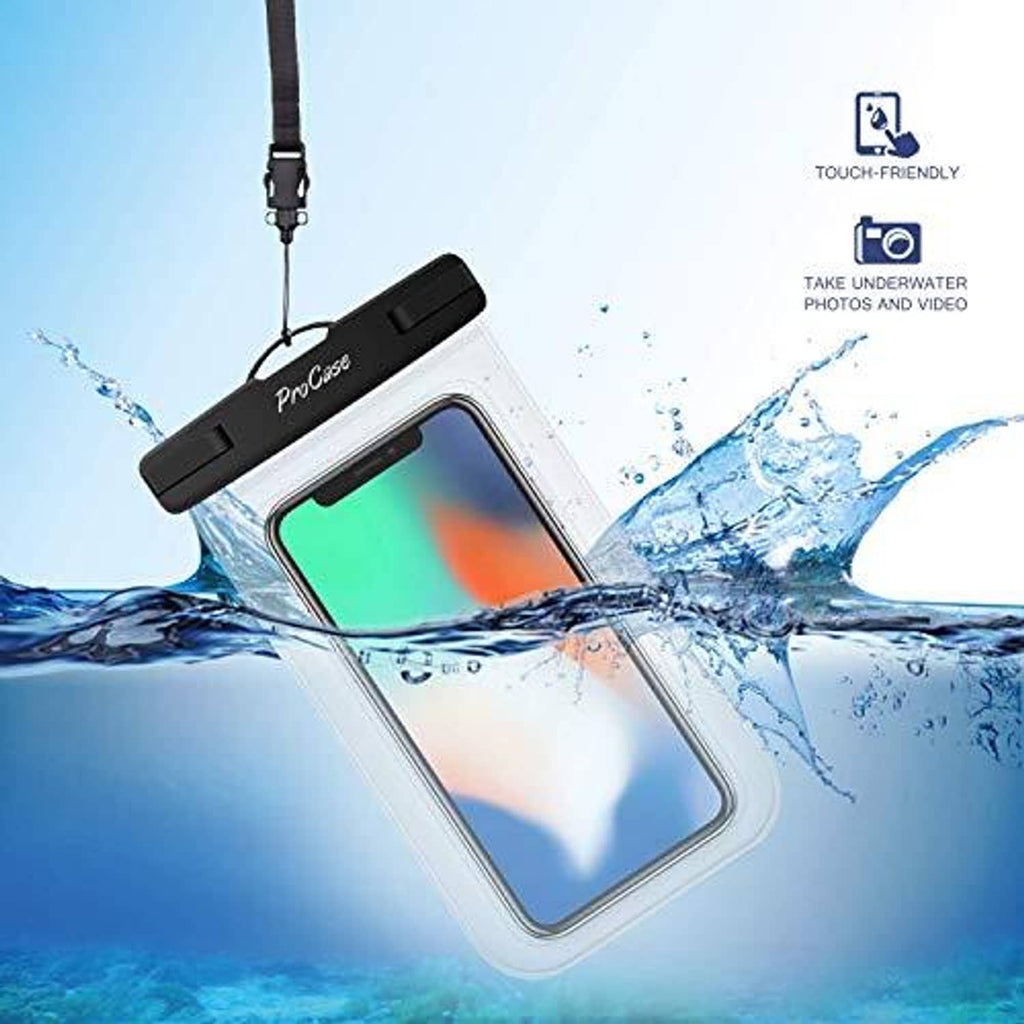Clear waterproof phone pouch floating with black strap and touch-friendly window underwater