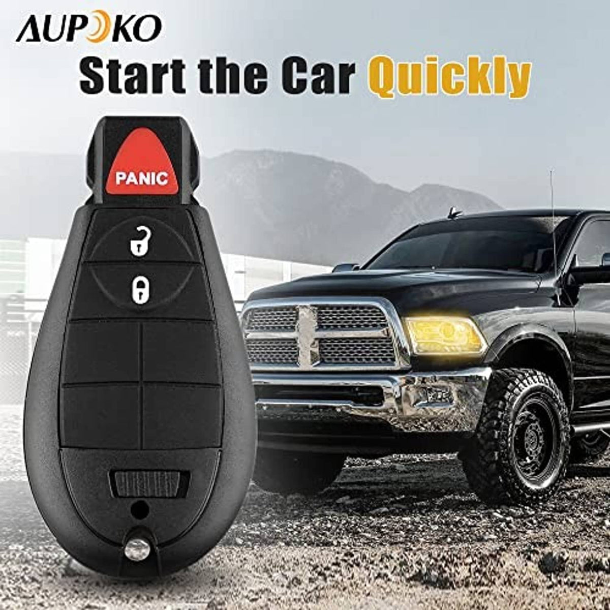 Black car key fob with red PANIC button and three-button control area