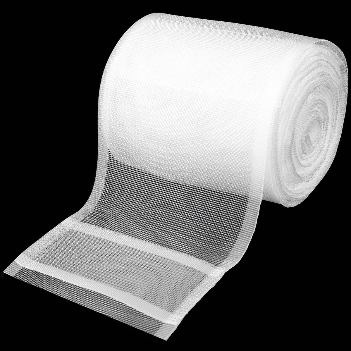 Translucent curtain pleating tape roll, white polyester mesh with stitched guide lines