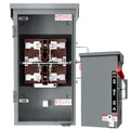 Manual power transfer switch enclosure with open cover and visible double-throw mechanism