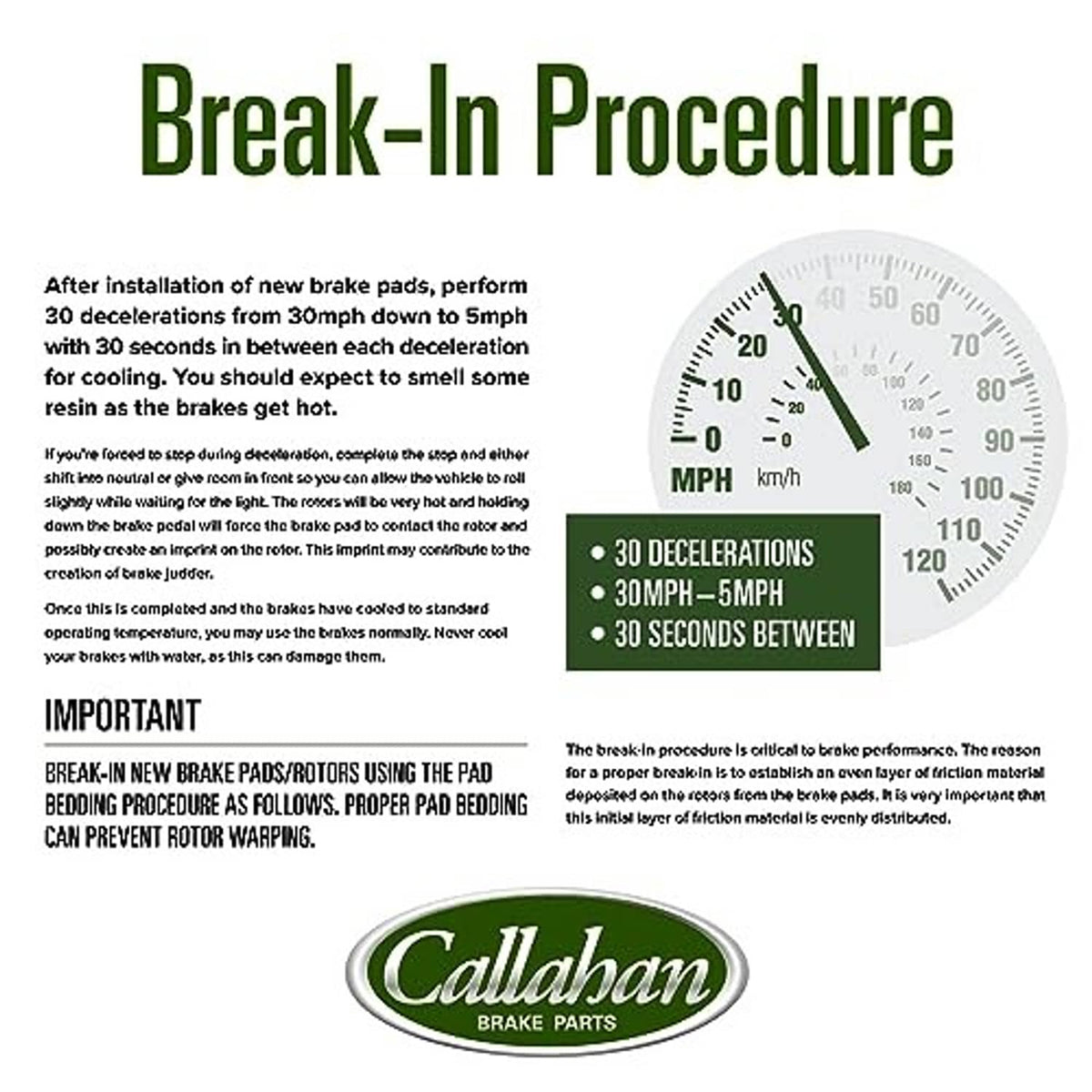 Brake-in procedure info graphic with speed gauge for new brake pads, Callahan
