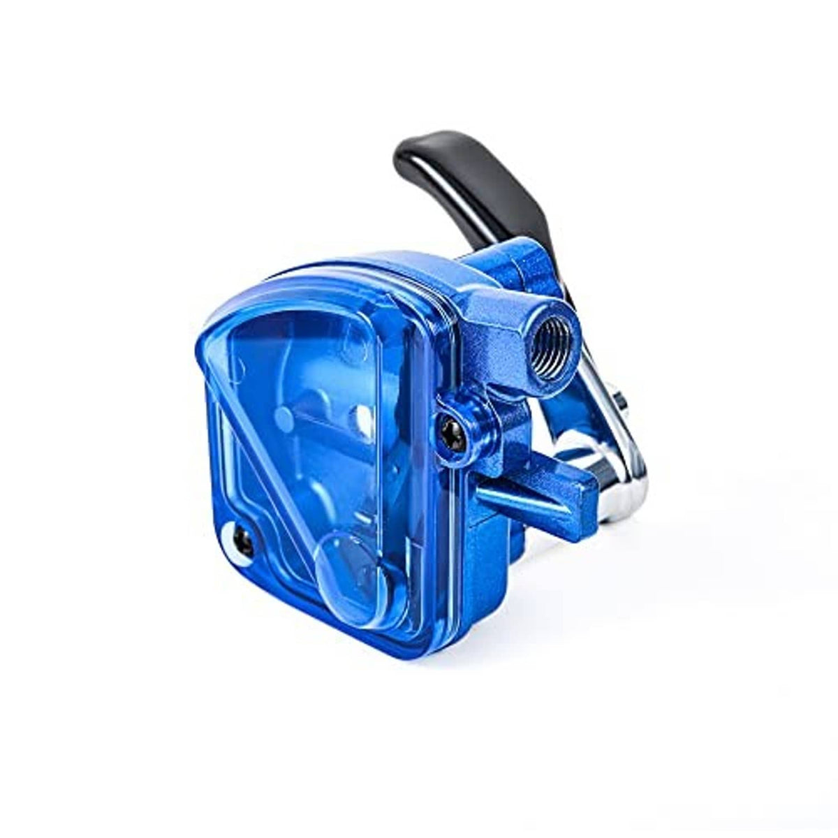 Blue thumb throttle housing with black lever grip and cable outlet