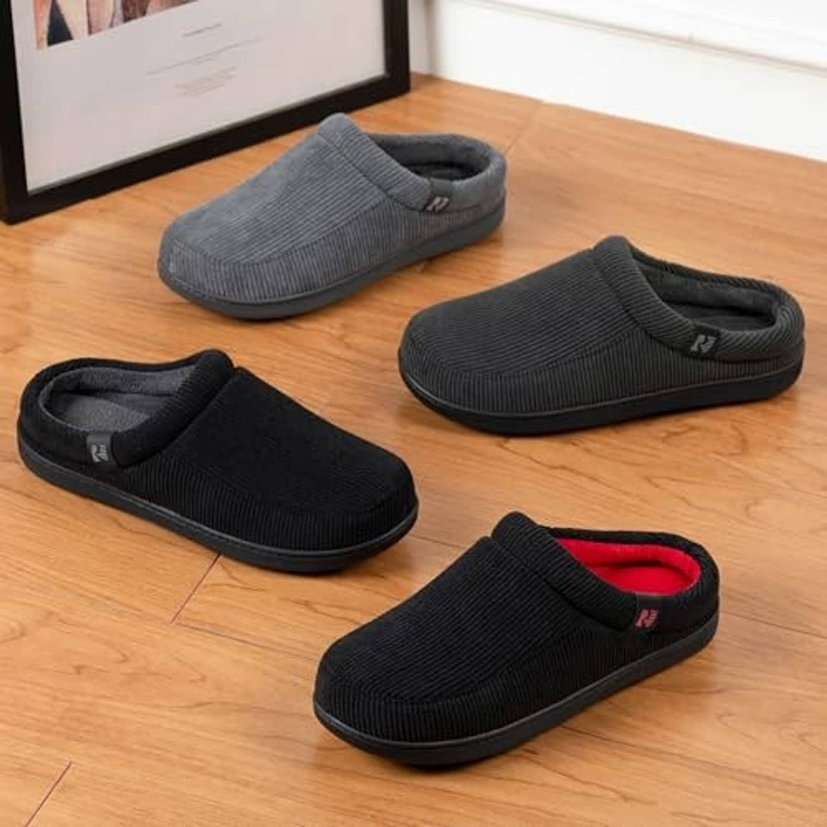 Corduroy slip-on house slippers in black and dark gray with low soles (set)