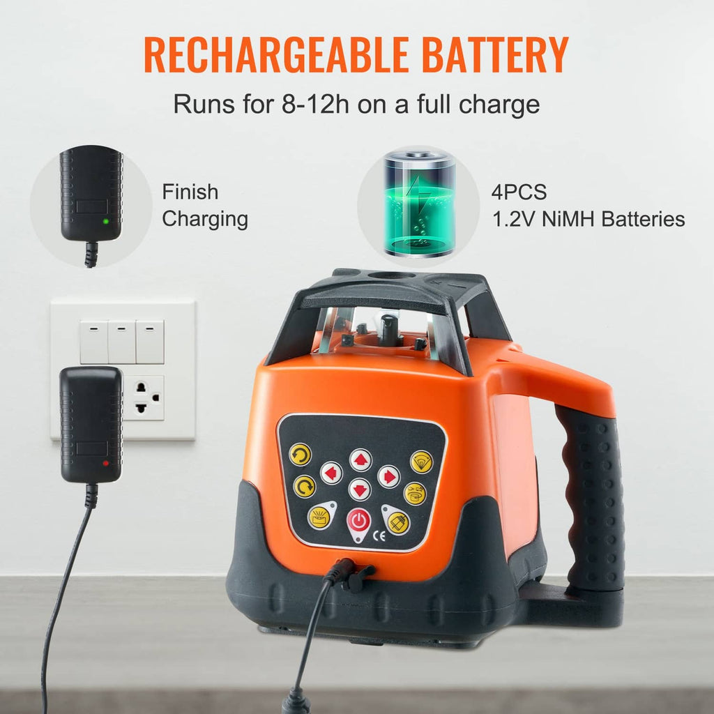 Orange rechargeable rotary laser level with front panel and charging adapter