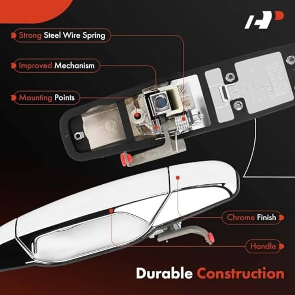 Exterior door handle showing internal mechanism and mounting points, chrome style