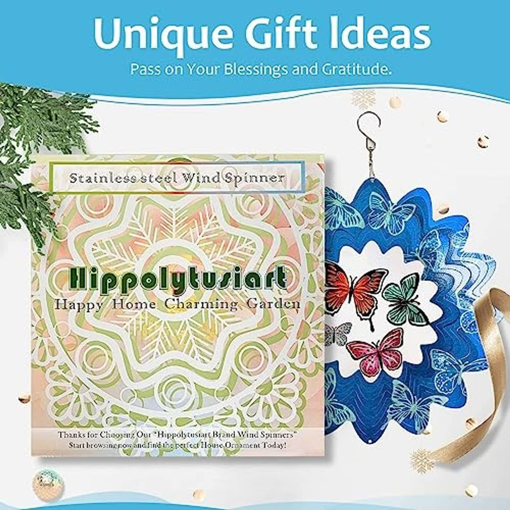 Blue butterfly wind spinner with multicolor butterflies and stainless-steel layered swirl blades