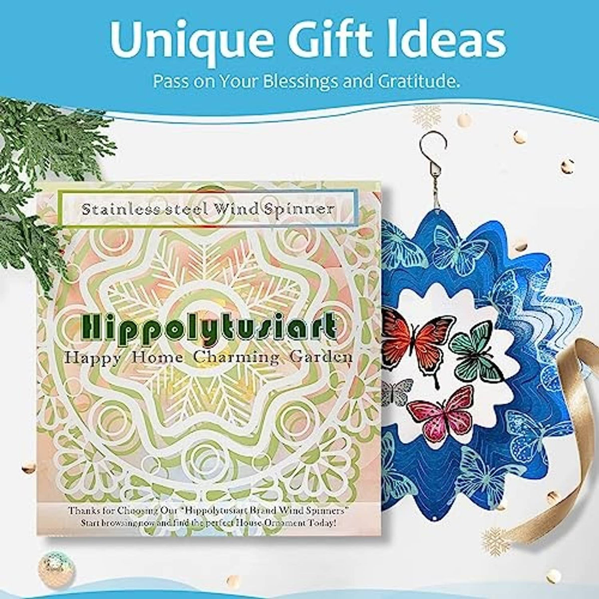 Blue butterfly wind spinner with multicolor butterflies and stainless-steel layered swirl blades