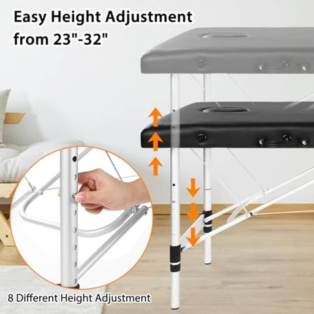 Black portable lash bed with adjustable legs and height range up to 32 in