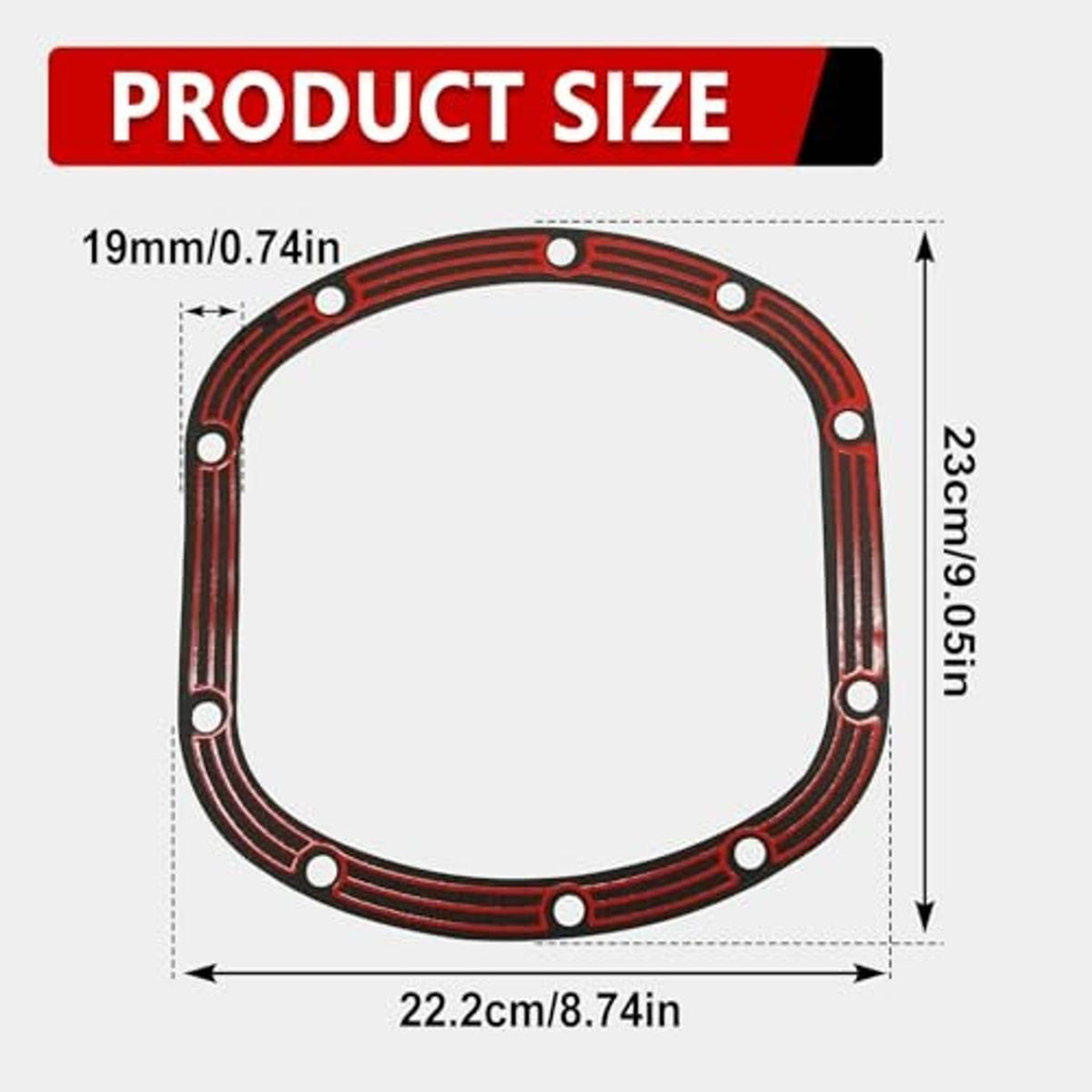 Differential cover gasket ring, approx. 22.2 cm wide by 23.9 cm tall, red with bolt holes