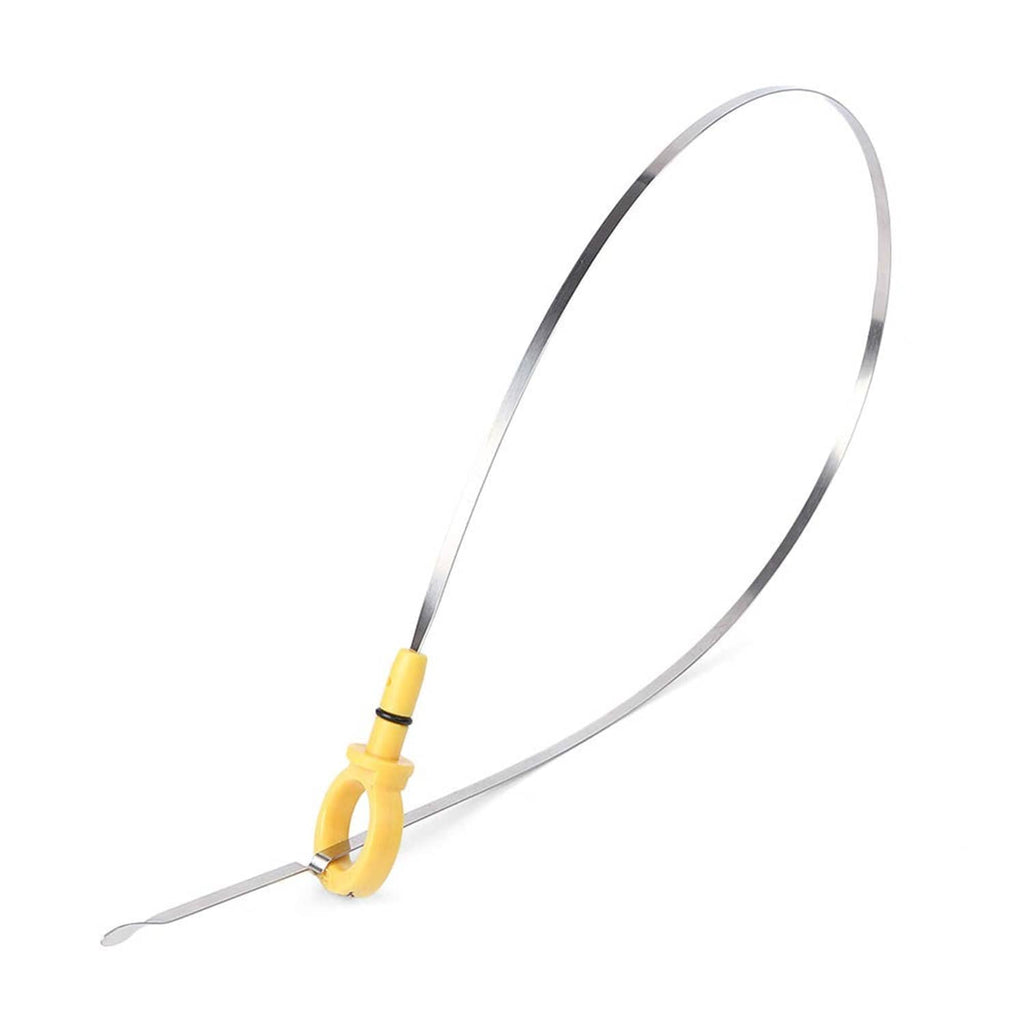 Engine oil dipstick with yellow ABS handle, metal rod, and measuring tip