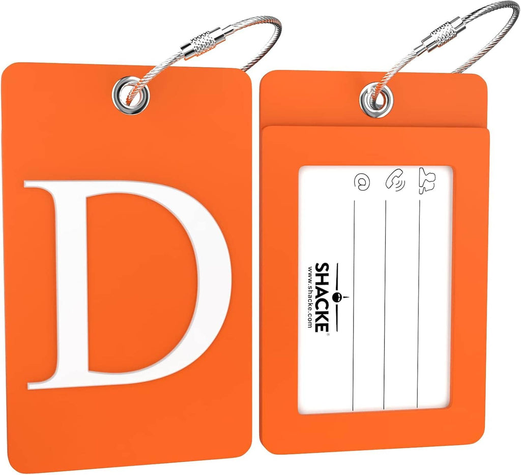 Orange luggage tag with initial D and card insert, front and back views