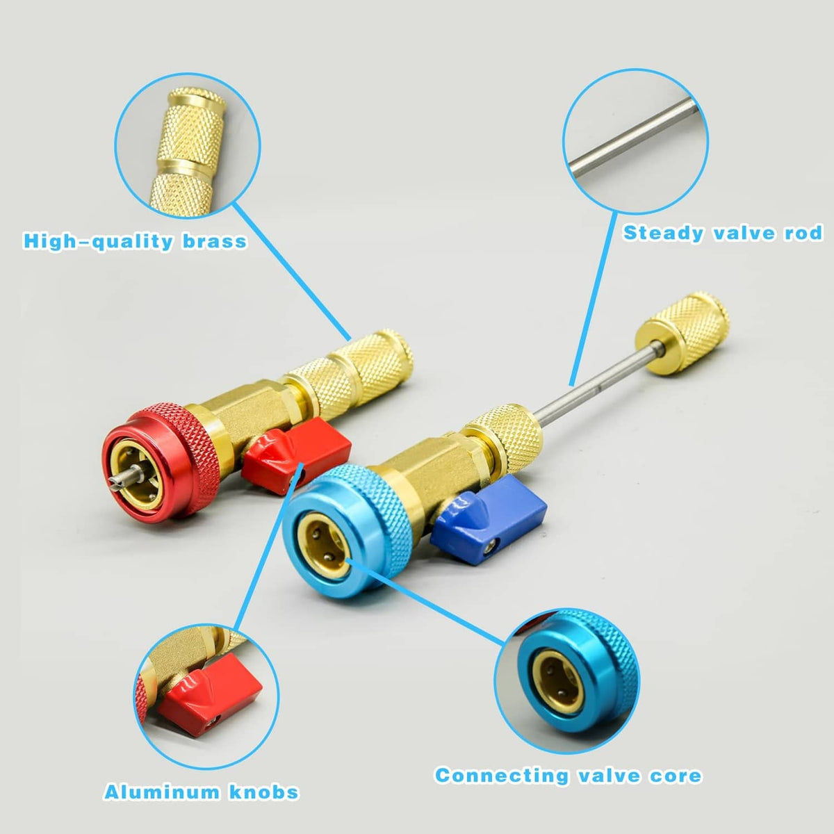 Brass AC valve couplers with aluminum knobs and connecting valve core rod