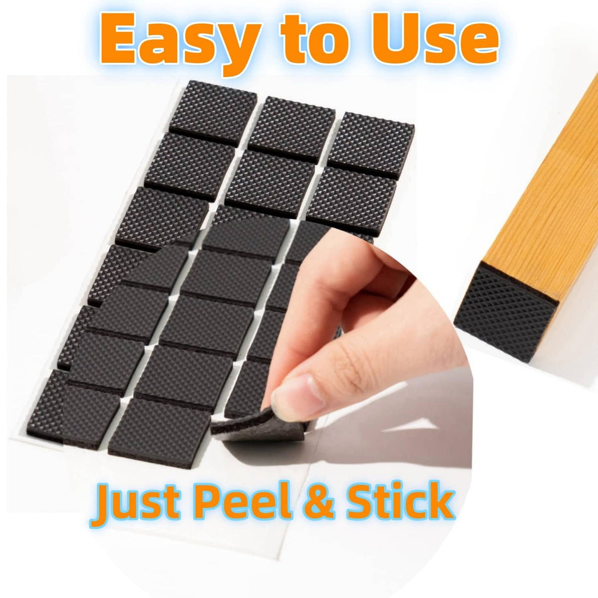 Black square non-slip pads being pressed onto furniture leg base, adhesive underside