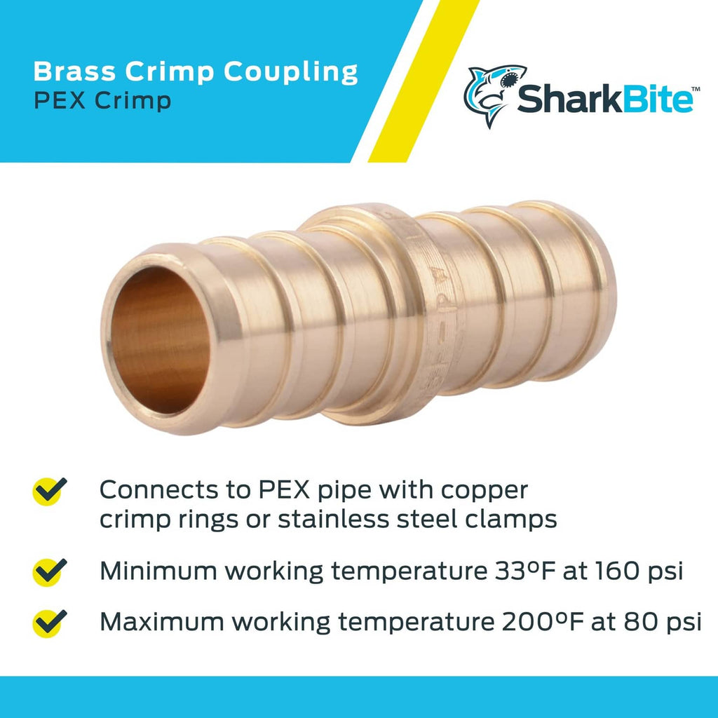 Brass PEX crimp coupling fitting, 1/2 in tube connection