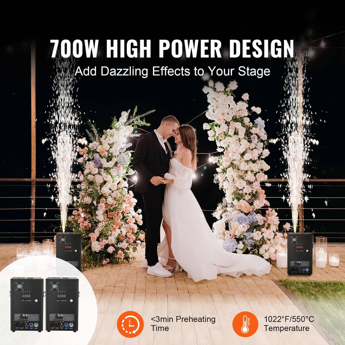 Black cold spark machine with control panel and power cables, event use