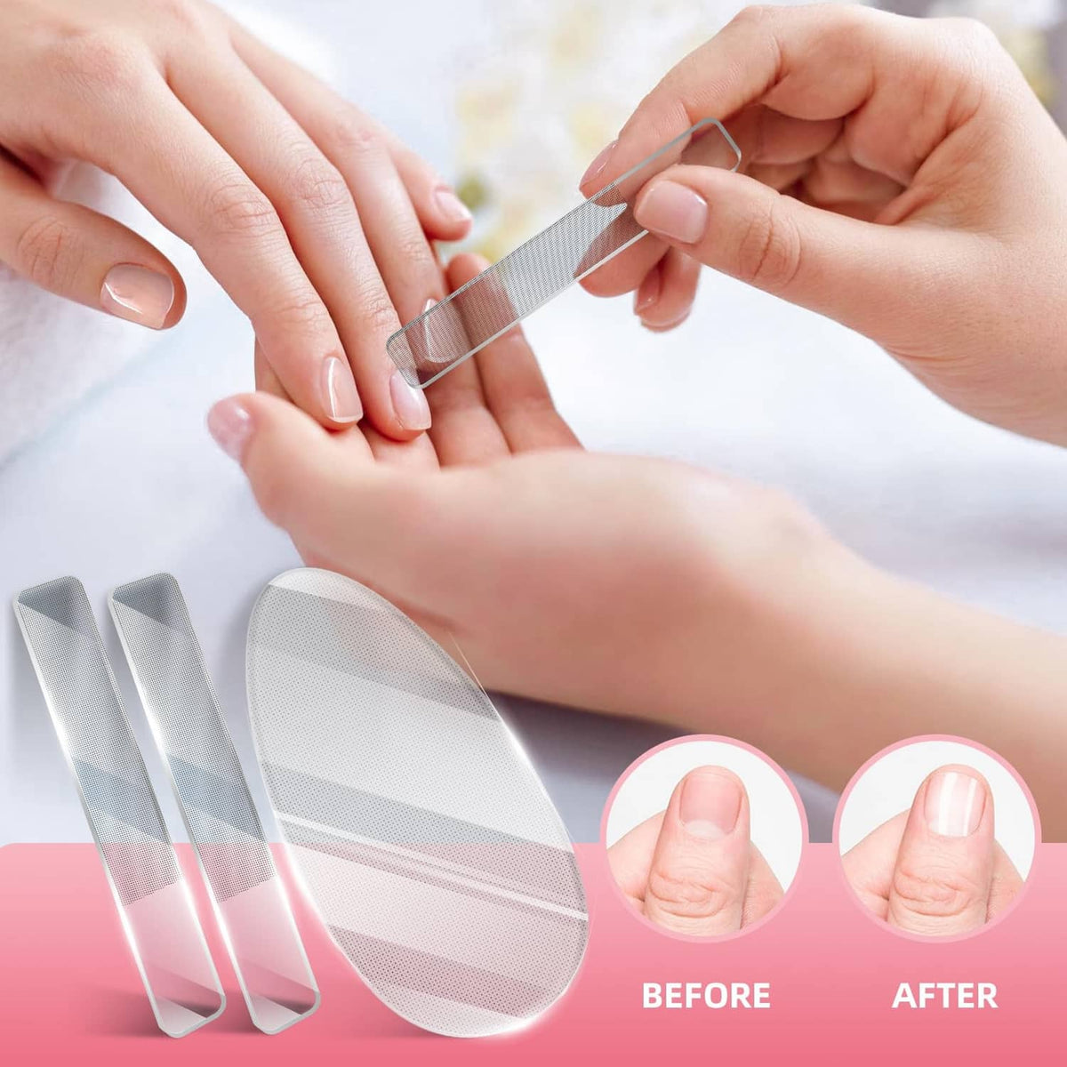 Nano glass nail file used on fingernails; two transparent filing tools