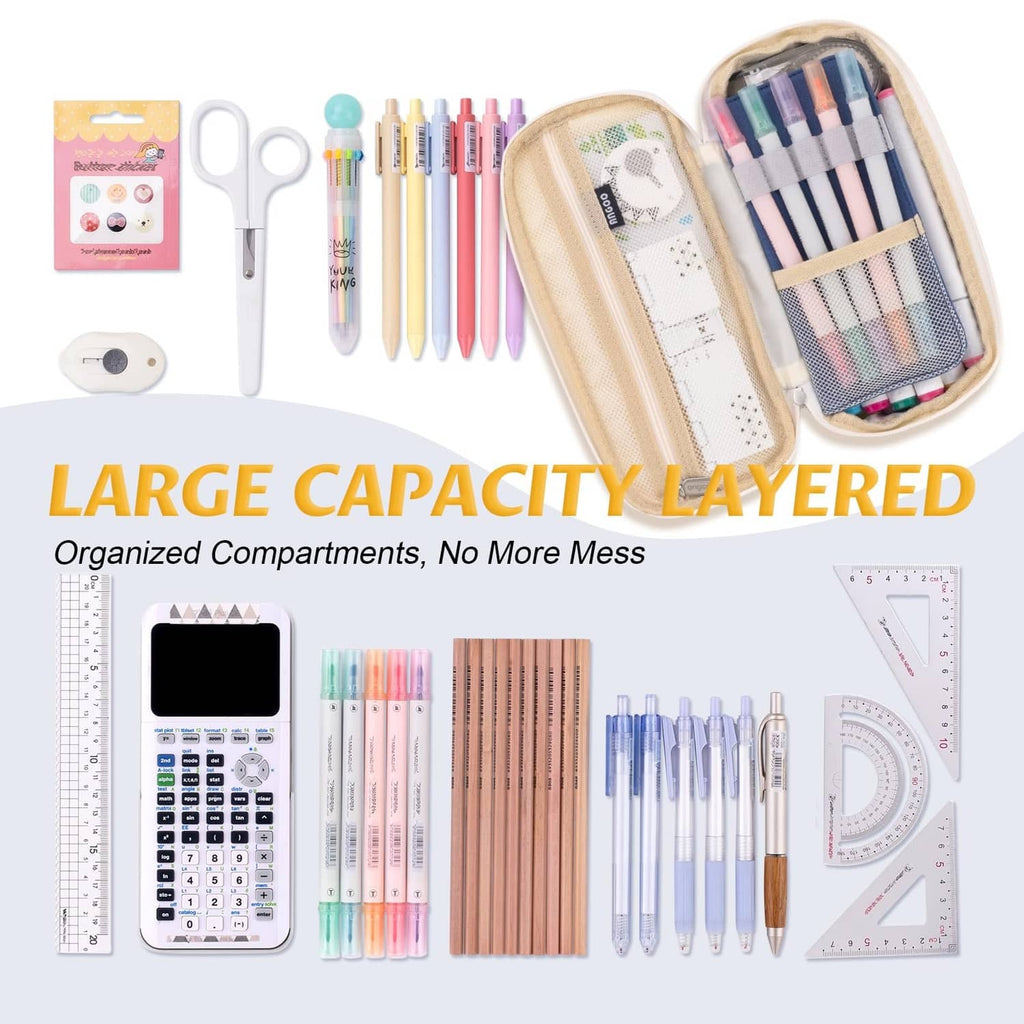 Large layered navy and beige pencil case with clear organizer sleeve and pen slots