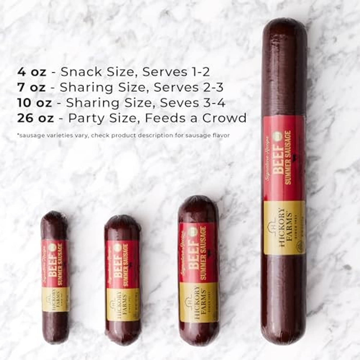 Hickory Farms Beef Summer Sausage in multiple sizes, from snack to party portions