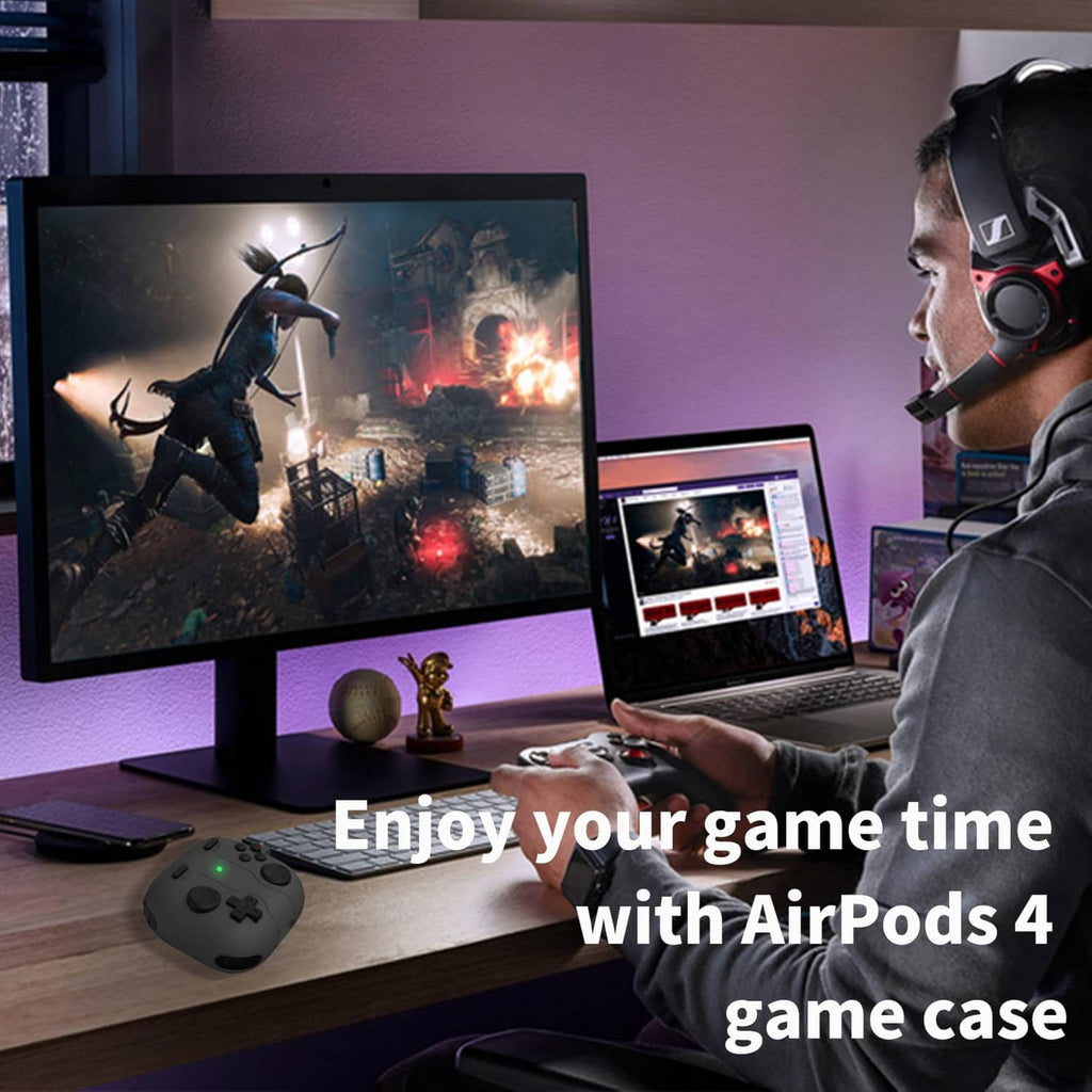 Black AirPods 4 game case on desk near a handheld controller-style accessory