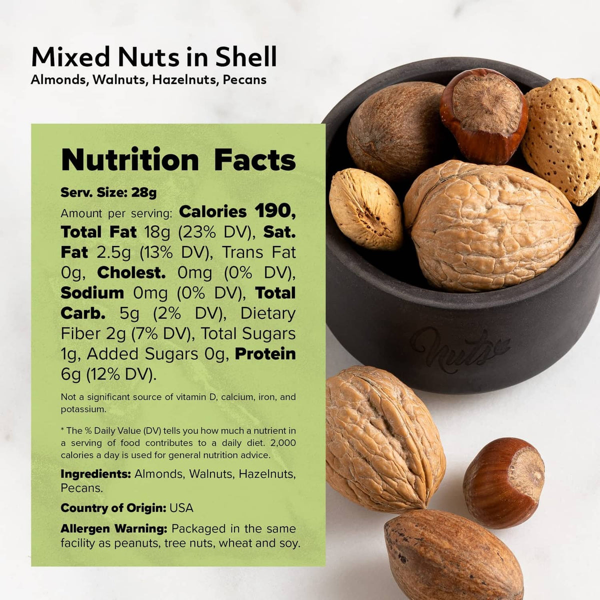 Mixed nuts in a bowl with a nutrition facts label