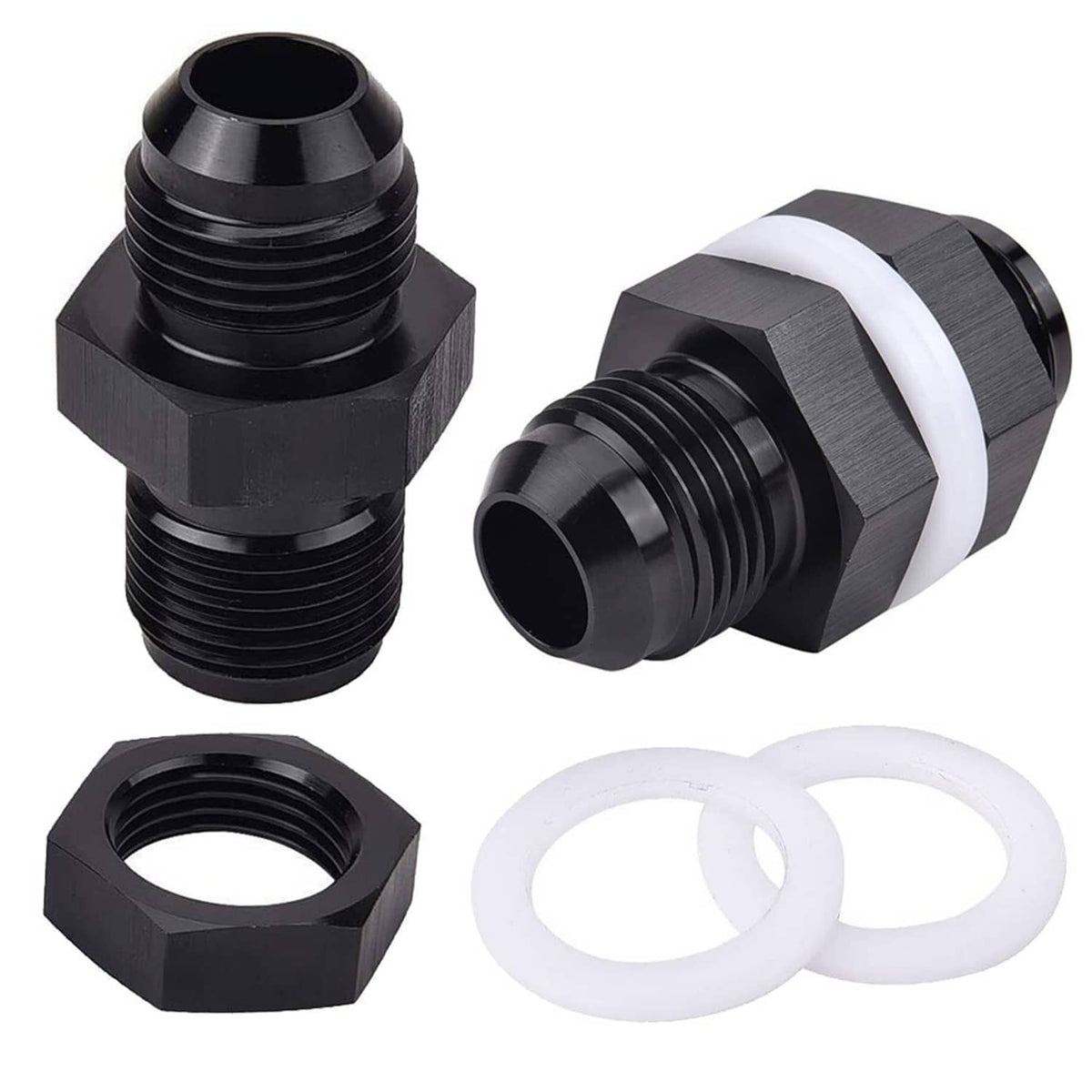AN fuel cell bulkhead fitting adapter with PTFE washers and black hex nut