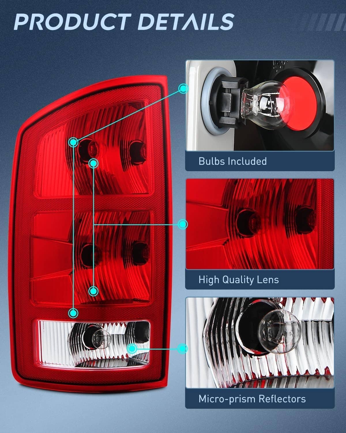 Red tail light housing with micro-prism reflectors and included bulb detail