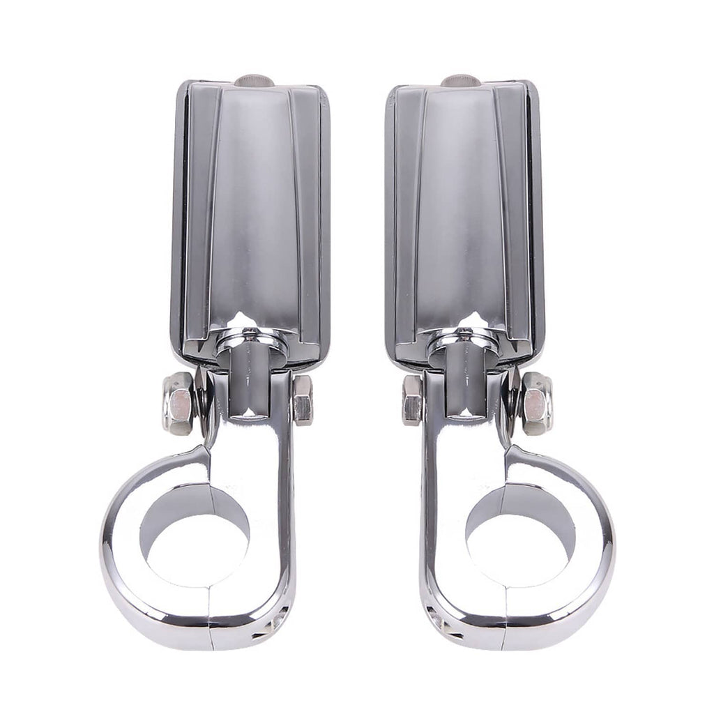 Pair of chrome highway foot pegs with black rubber pads and ring-style mounting