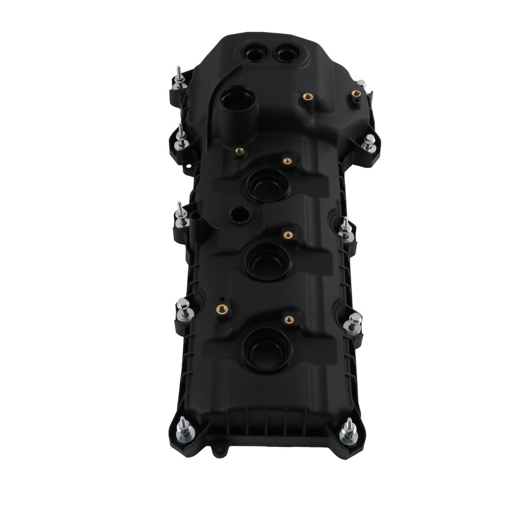 Black engine valve cover with four round openings and mounting bolts