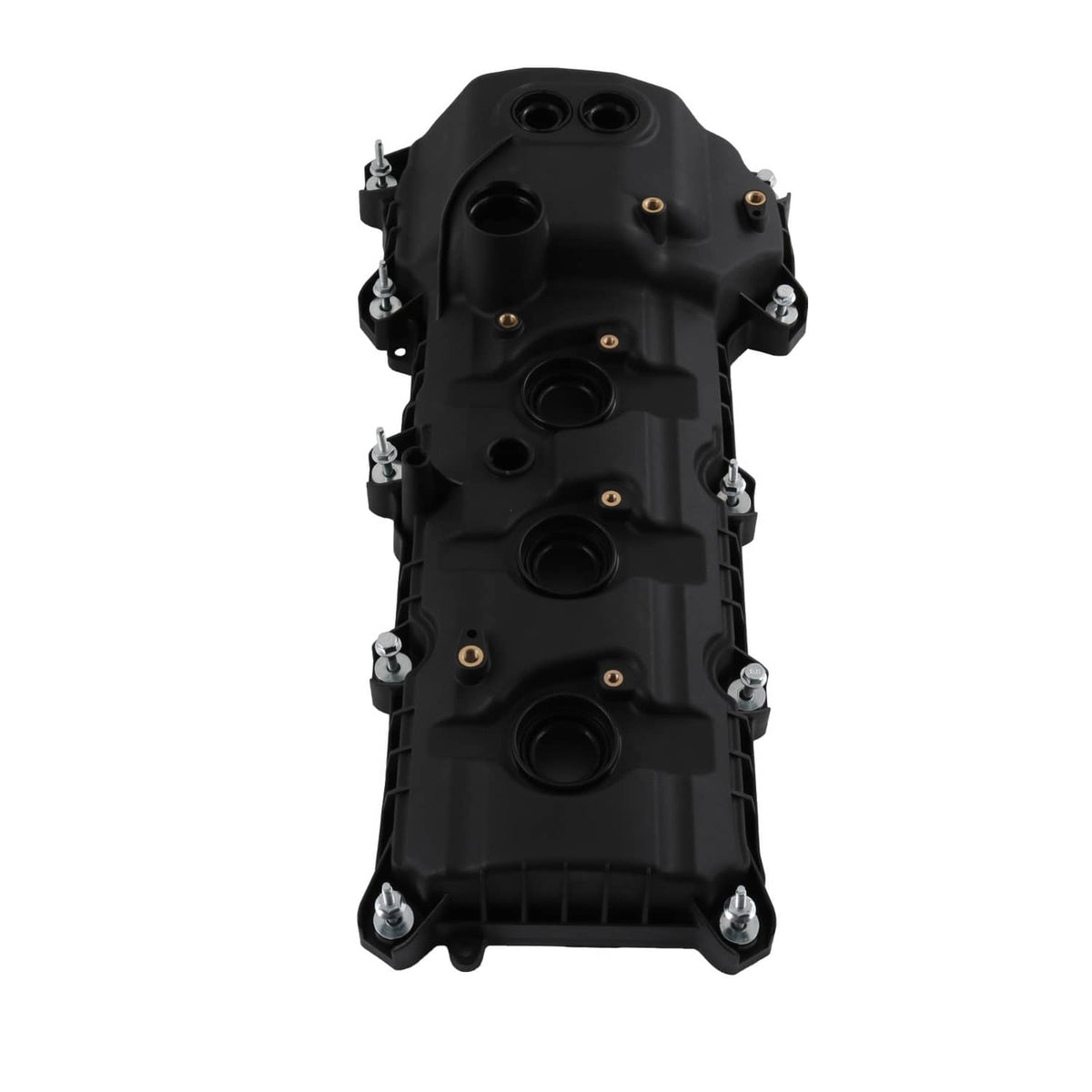 Black engine valve cover with four round openings and mounting bolts