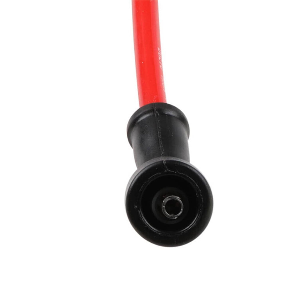 Spark plug wire red cable with black rubber boot and round terminal tip