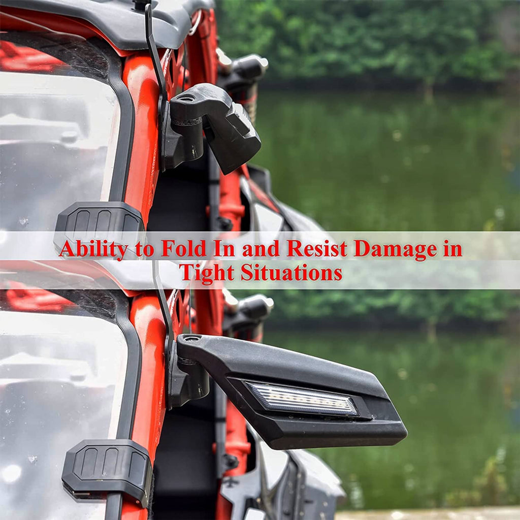 Foldable black UTV rearview mirror with amber LED light bar mounted on vehicle side