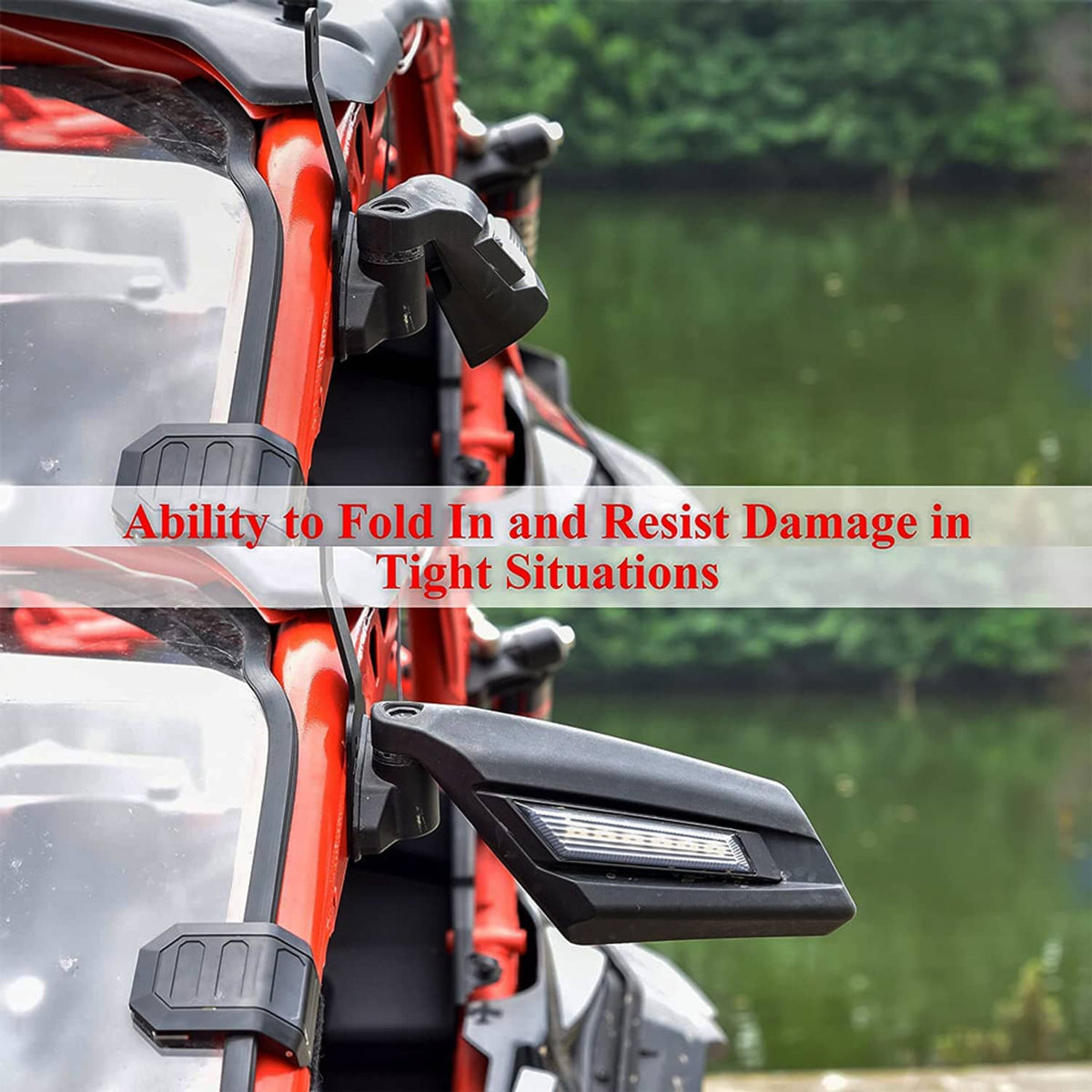Foldable black UTV rearview mirror with amber LED light bar mounted on vehicle side