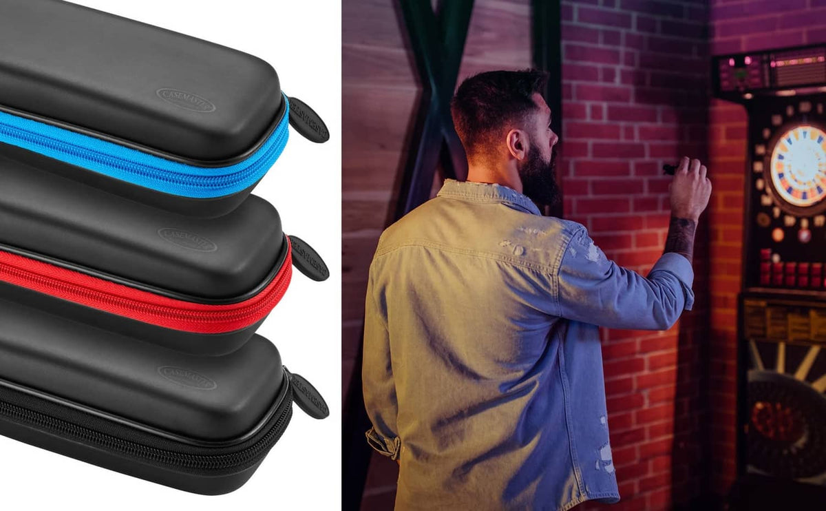 Black hard dart cases with blue and red edge stripes, closed and stacked.