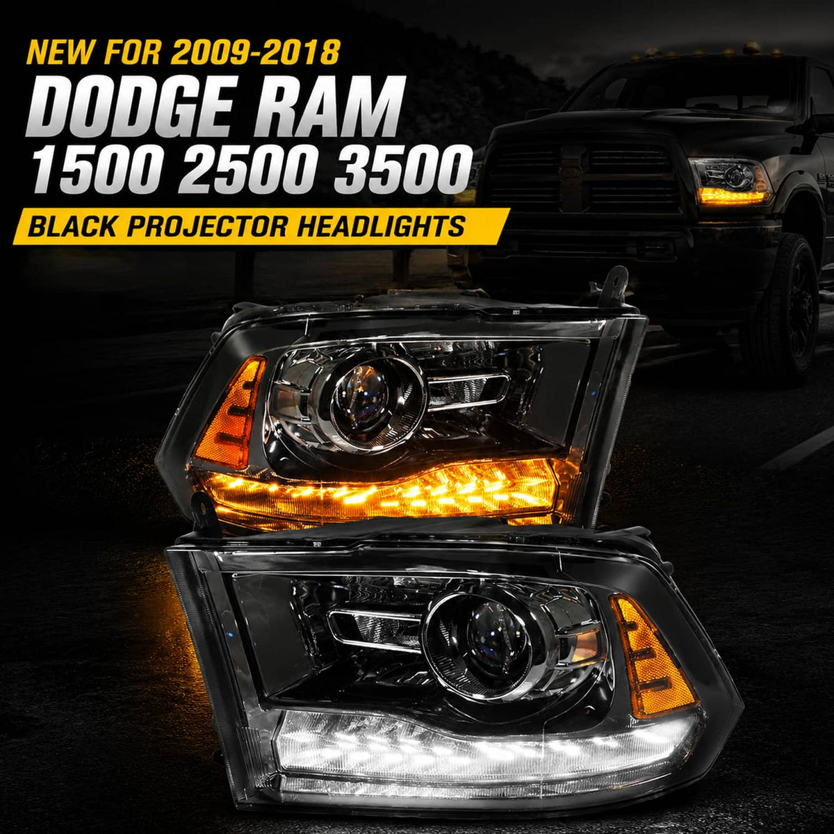 Black projector headlight pair with chrome lens and amber LED DRL, front three-quarter view