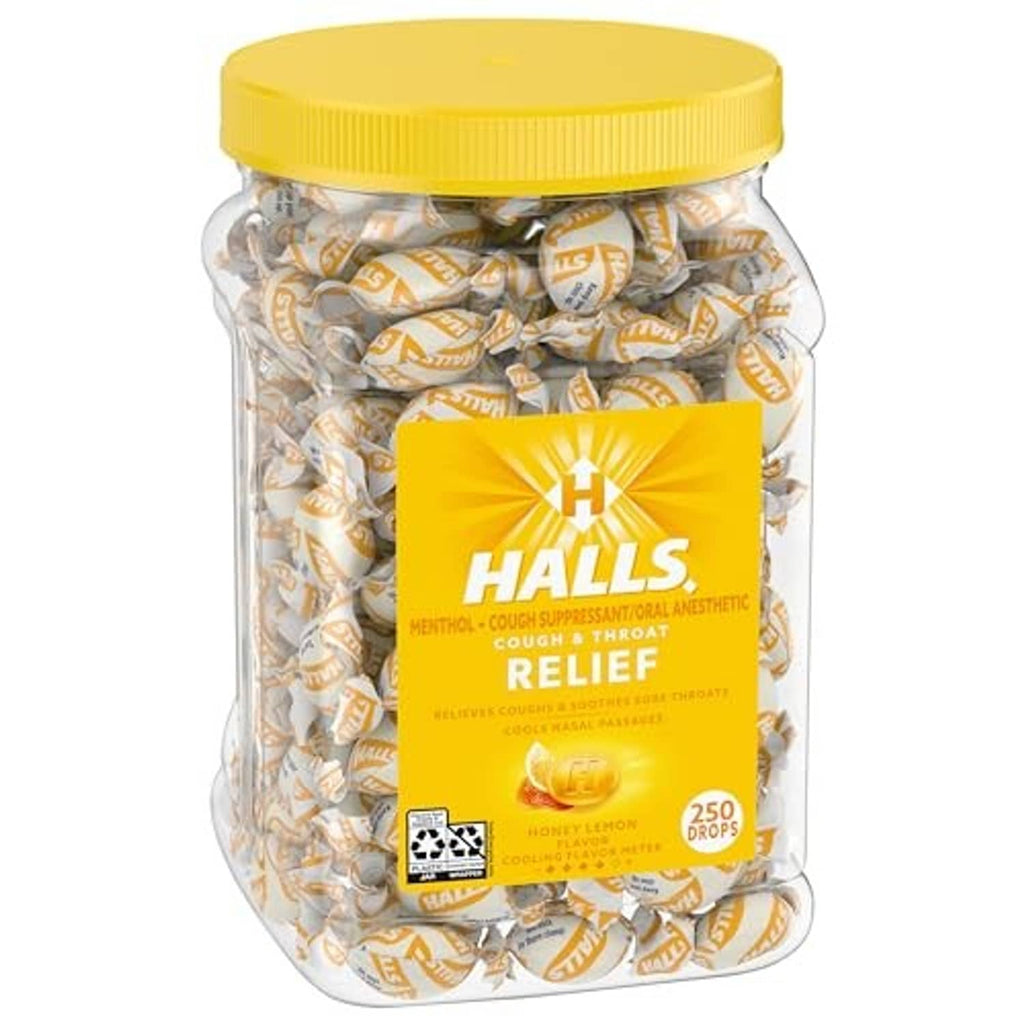 Jar of Halls Relief honey lemon menthol cough drops with yellow lid, 250-count.
