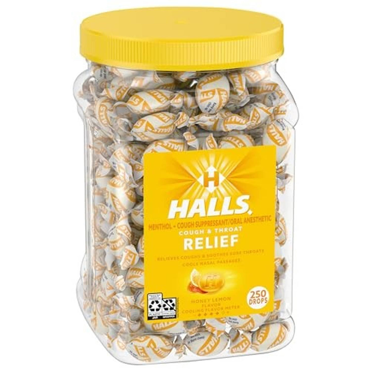 Jar of Halls Relief honey lemon menthol cough drops with yellow lid, 250-count.