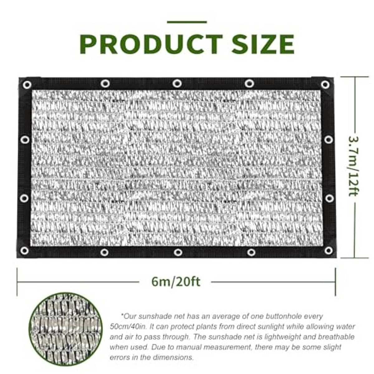 Aluminum shade cloth tarp size diagram, 6m/20ft by 3.7m/12ft with corner grommets