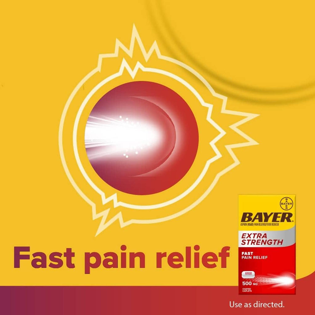 Bayer Extra Strength Aspirin 500 mg box with fast pain relief icon and capsule graphic