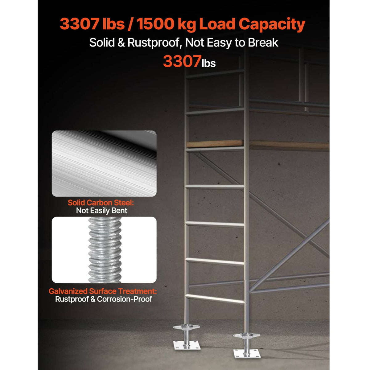 Durable leveling jack with galvanized threaded screw and square base plate