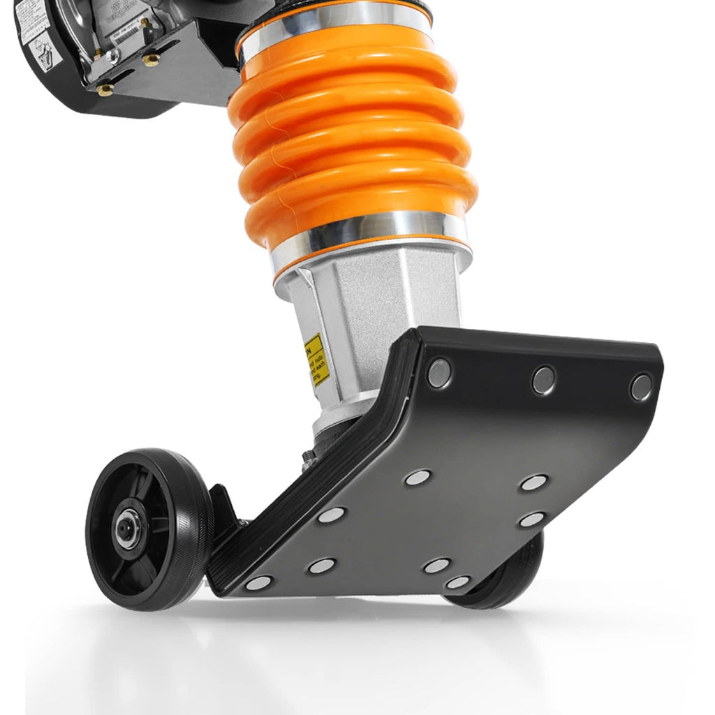 Close-up of vibratory rammer tamper spring column and black base plate with wheels