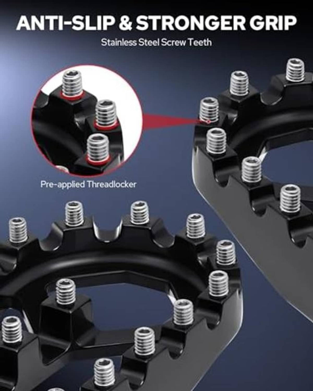 Black motorcycle foot peg with stainless screw teeth for anti-slip grip