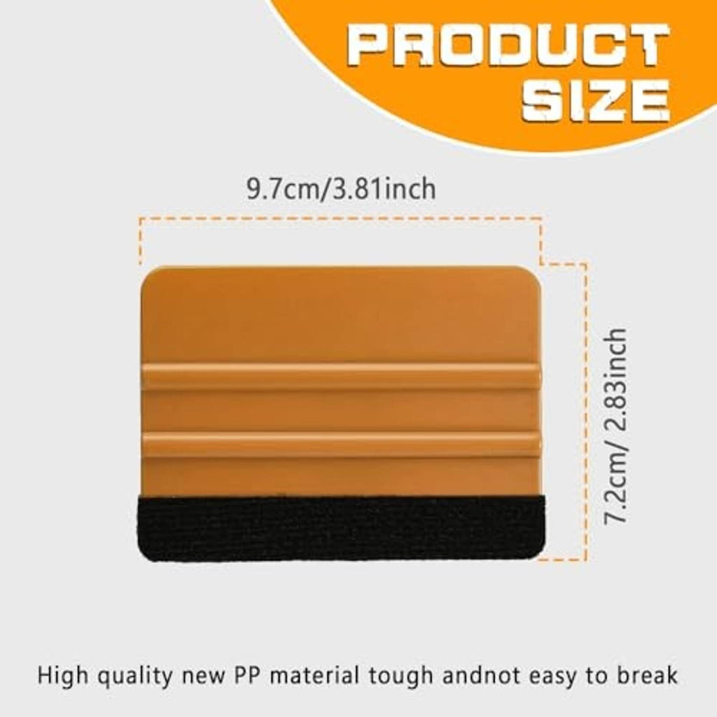 Orange vinyl squeegee with black felt edge, about 9.7 cm wide and 7.2 cm tall