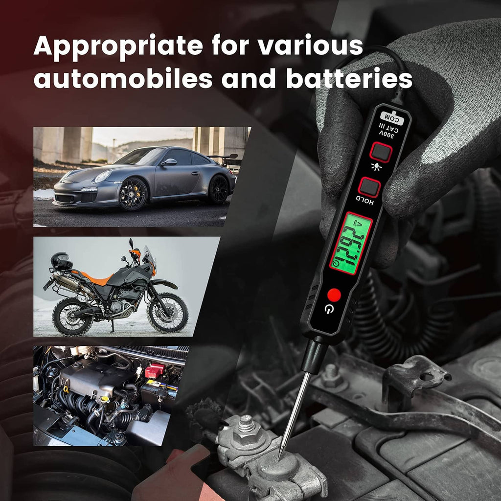 Automotive test light with green LCD screen and probe in car engine compartment
