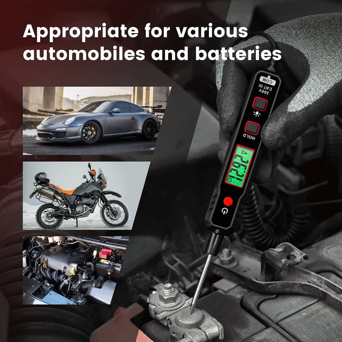 Automotive test light with green LCD screen and probe in car engine compartment