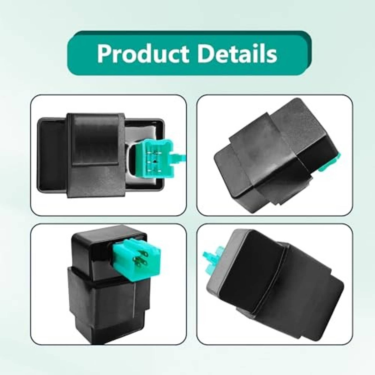AC CDI ignition control box detail views, black housing with teal connector