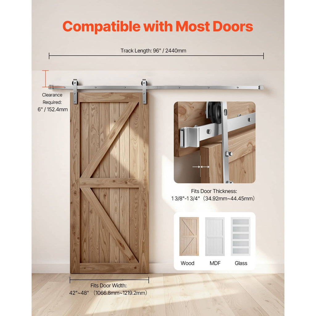 Silver sliding barn door mounting hardware for most door thicknesses