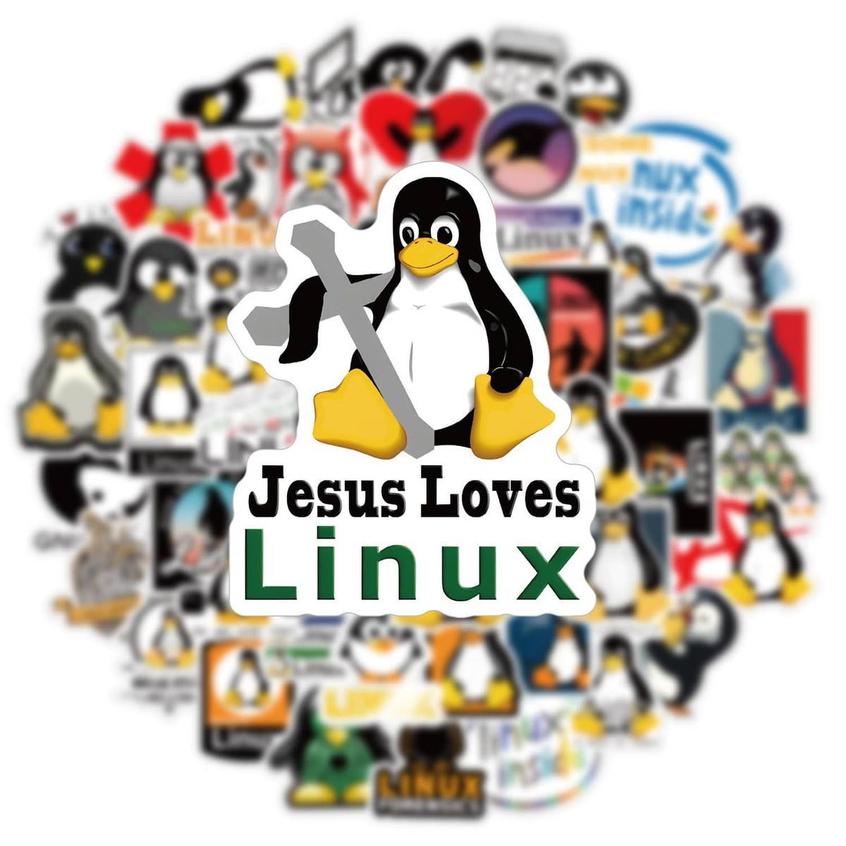 “Jesus Loves Linux” sticker featuring a smiling penguin with text and decorative icons